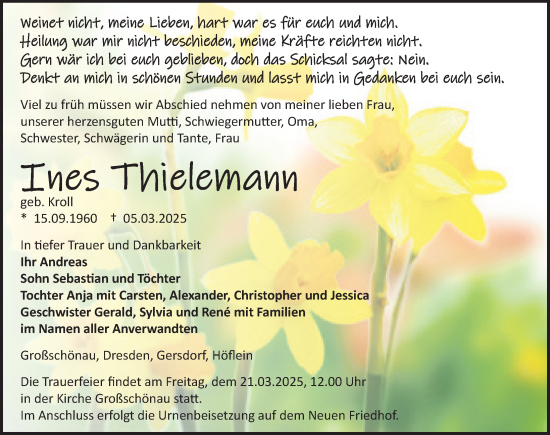 Traueranzeige von Ines Thielemann von Sächsische Zeitung