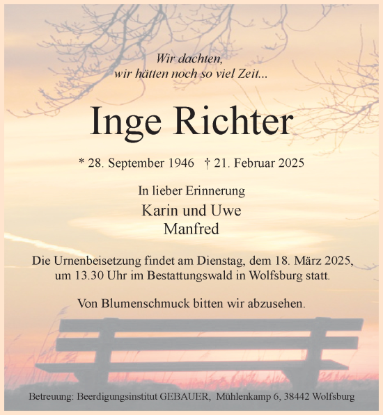 Traueranzeige von Inge Richter von Aller Zeitung