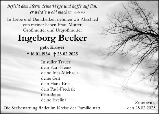 Traueranzeige von Ingeborg Becker von Ostsee-Zeitung GmbH