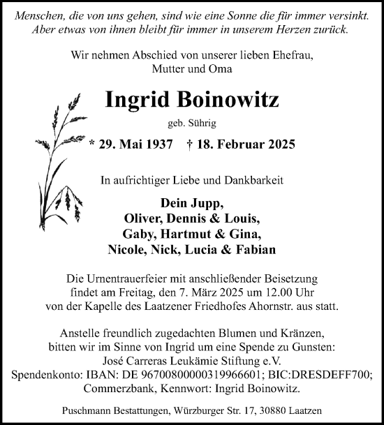 Traueranzeige von Ingrid Boinowitz von Hannoversche Allgemeine Zeitung/Neue Presse