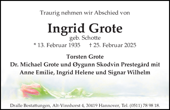 Traueranzeige von Ingrid Grote von Hannoversche Allgemeine Zeitung/Neue Presse