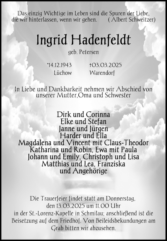 Traueranzeige von Ingrid Hadenfeldt von Lübecker Nachrichten