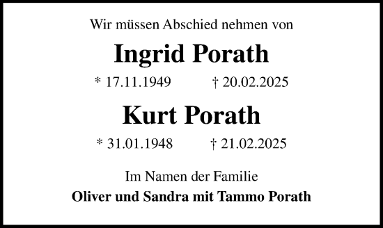 Traueranzeige von Ingrid Porath von Lübecker Nachrichten