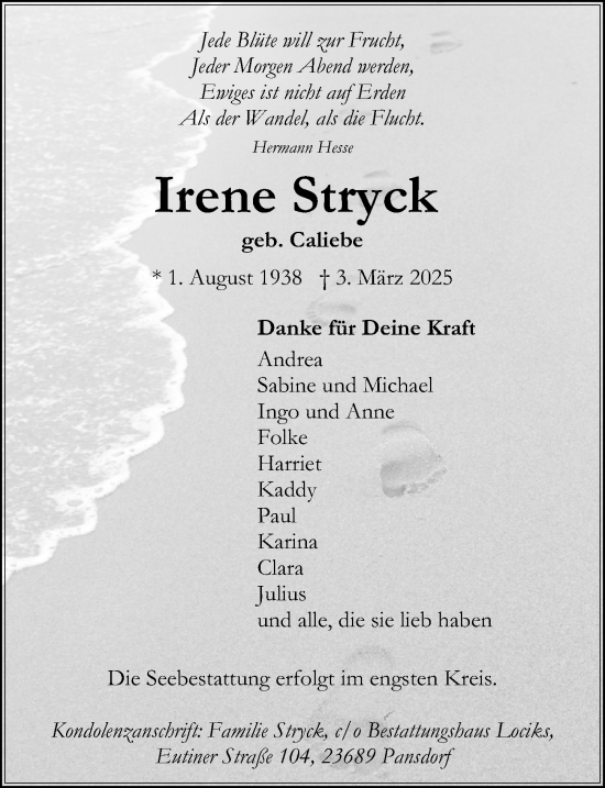 Traueranzeige von Irene Stryck von Lübecker Nachrichten