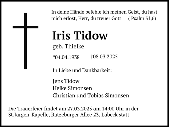 Traueranzeige von Iris Tidow von Lübecker Nachrichten