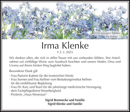 Traueranzeige von Irma Klenke von Täglicher Anzeiger Holzminden