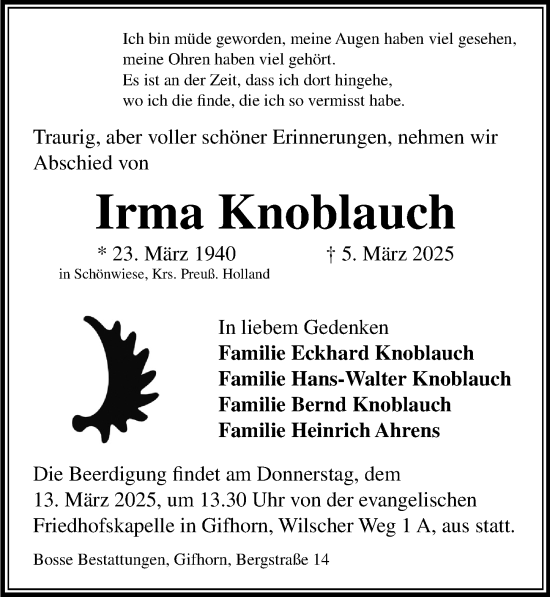 Traueranzeige von Irma Knoblauch von Aller Zeitung