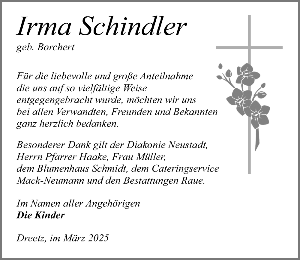  Traueranzeige für Irma Schindler vom 08.03.2025 aus Wochenspiegel