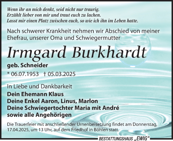 Traueranzeige von Irmgard Burkhardt von Leipziger Volkszeitung