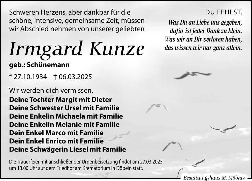  Traueranzeige für Irmgard Kunze vom 22.03.2025 aus Leipziger Volkszeitung