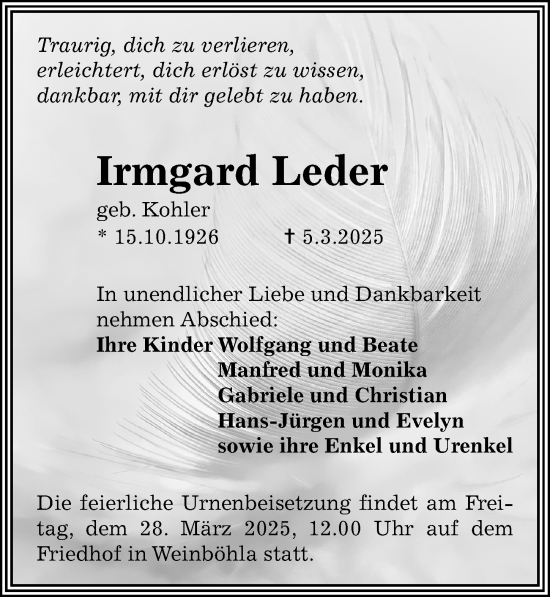 Traueranzeige von Irmgard Leder von Sächsische Zeitung