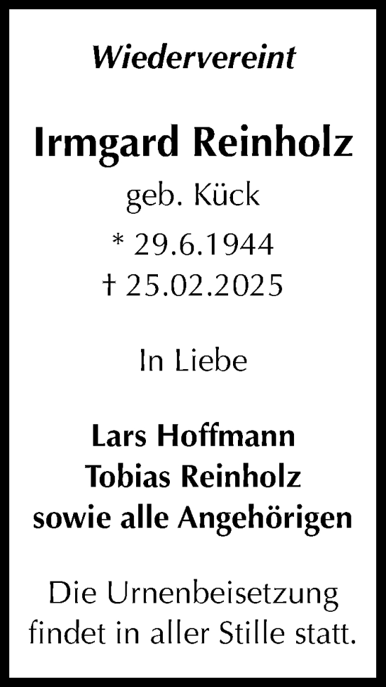 Traueranzeige von Irmgard Reinholz von Hannoversche Allgemeine Zeitung/Neue Presse