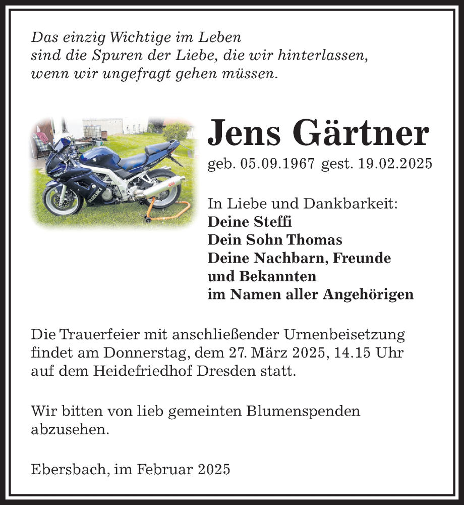  Traueranzeige für Jens Gärtner vom 15.03.2025 aus Sächsische Zeitung