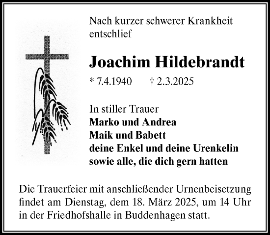 Traueranzeige von Joachim Hildebrandt von Wochenspiegel