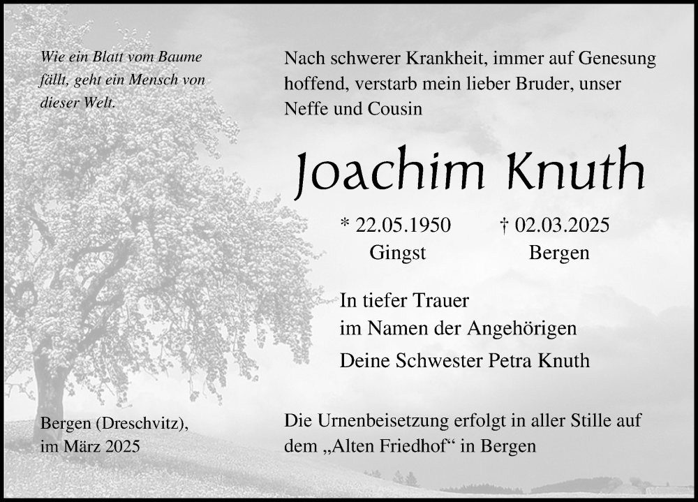  Traueranzeige für Joachim Knuth vom 15.03.2025 aus Ostsee-Zeitung GmbH