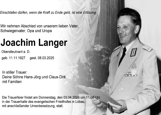 Traueranzeige von Joachim Langer von Sächsische Zeitung