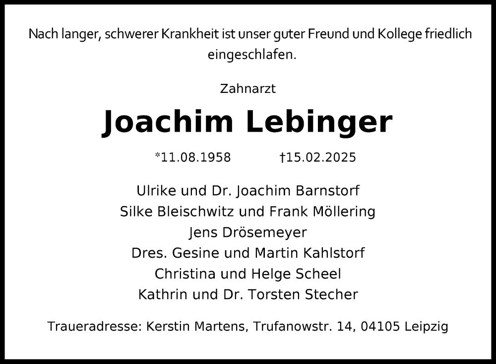  Traueranzeige für Joachim Lebinger vom 22.03.2025 aus Hannoversche Allgemeine Zeitung/Neue Presse