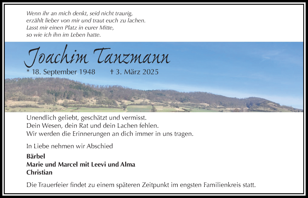  Traueranzeige für Joachim Tanzmann vom 08.03.2025 aus Täglicher Anzeiger Holzminden