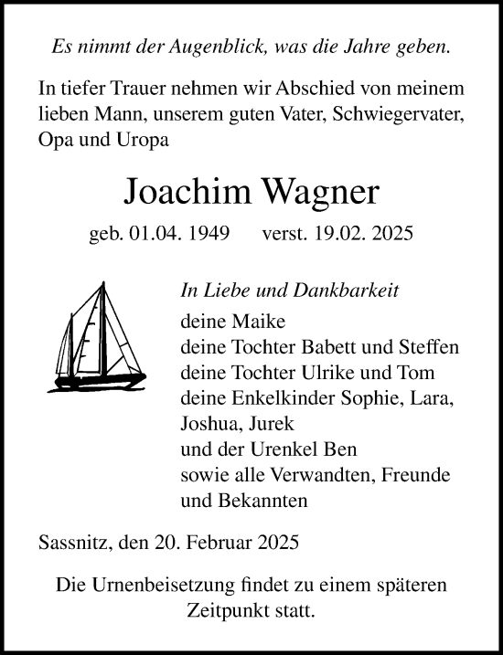 Traueranzeige von Joachim Wagner von Ostsee-Zeitung GmbH
