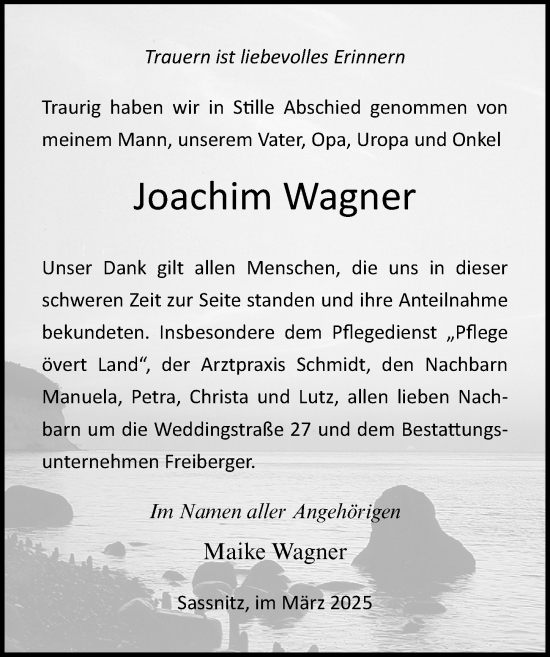 Traueranzeige von Joachim Wagner von Ostsee-Zeitung GmbH