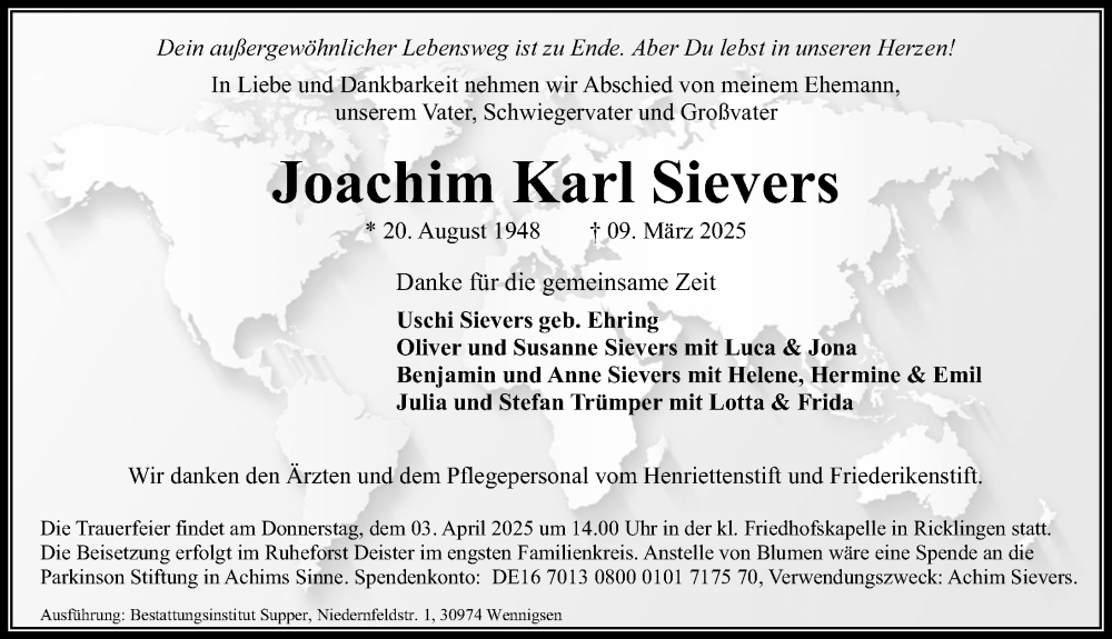  Traueranzeige für Joachim Karl Sievers vom 22.03.2025 aus Hannoversche Allgemeine Zeitung/Neue Presse