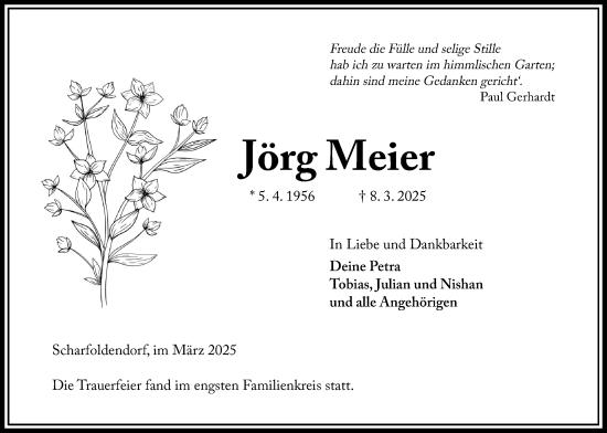 Traueranzeige von Jörg Meier von Täglicher Anzeiger Holzminden