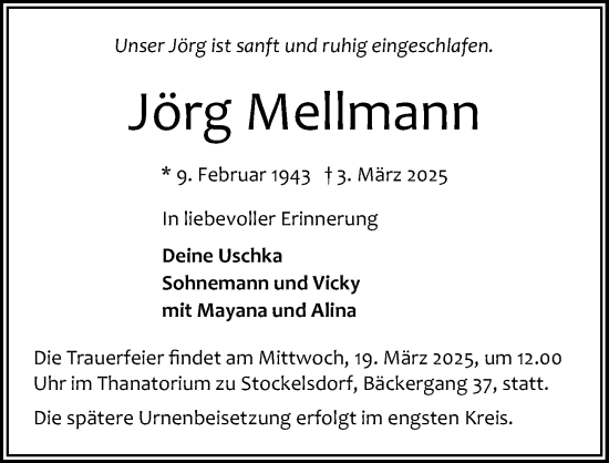Traueranzeige von Jörg Mellmann von Lübecker Nachrichten