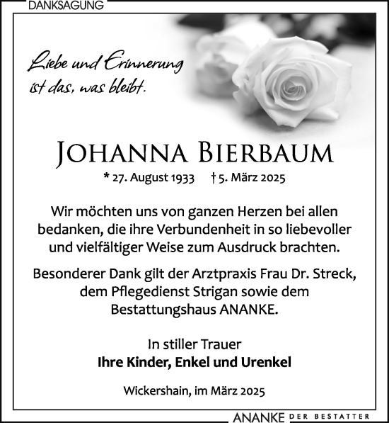 Traueranzeige von Johanna Bierbaum von Leipziger Volkszeitung