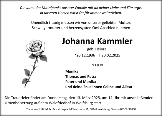 Traueranzeige von Johanna Kammler von Aller Zeitung