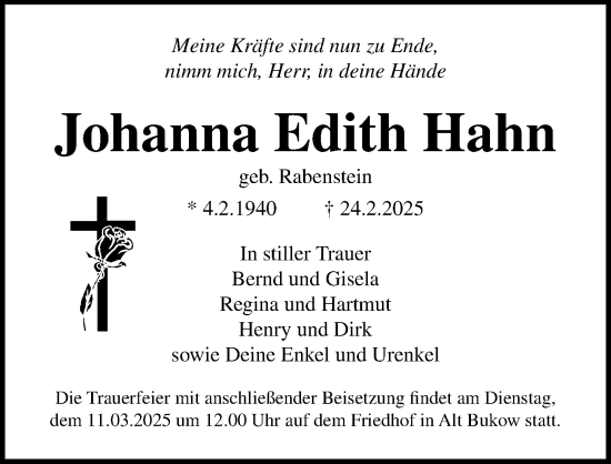 Traueranzeige von Johanna Edith Hahn von Ostsee-Zeitung GmbH