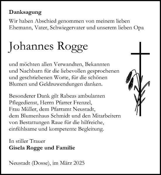 Traueranzeige von Johannes Rogge von Wochenspiegel