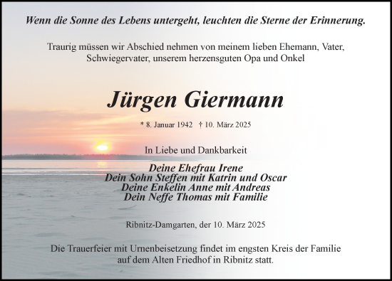 Traueranzeige von Jürgen Giermann von Ostsee-Zeitung GmbH