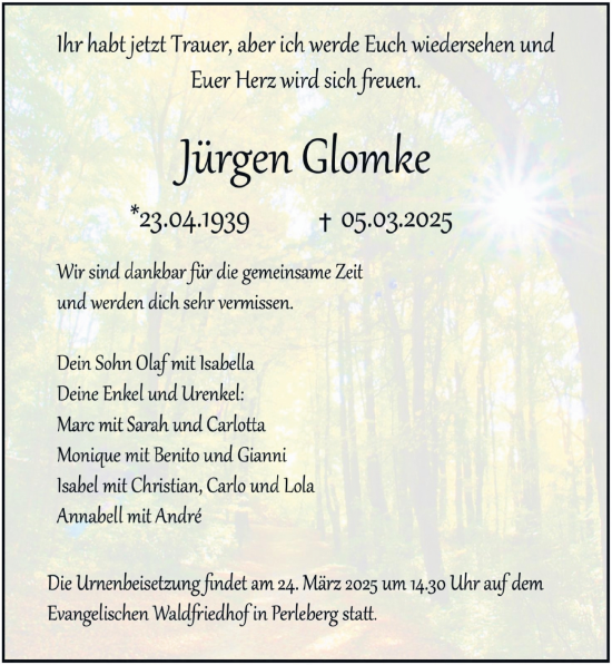 Traueranzeige von Jürgen Glomke von Wochenspiegel