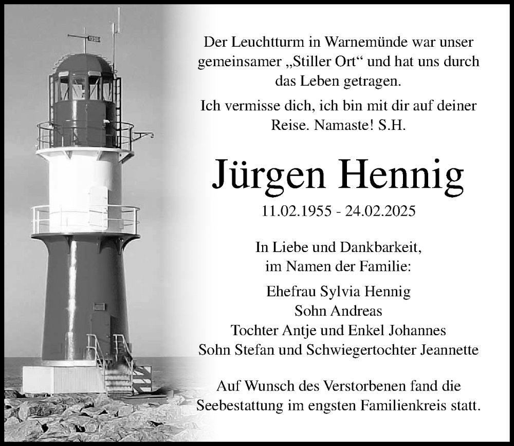  Traueranzeige für Jürgen Hennig vom 29.03.2025 aus Ostsee-Zeitung GmbH