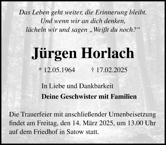 Traueranzeige von Jürgen Horlach von Ostsee-Zeitung GmbH