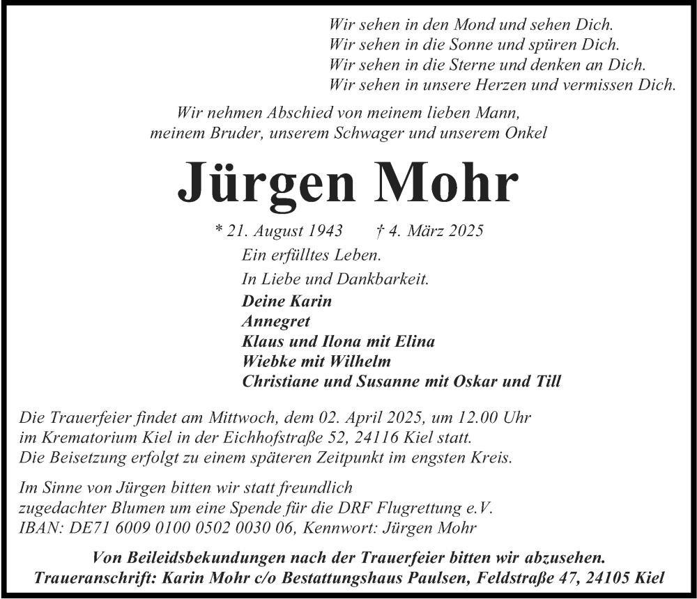  Traueranzeige für Jürgen Mohr vom 22.03.2025 aus Kieler Nachrichten