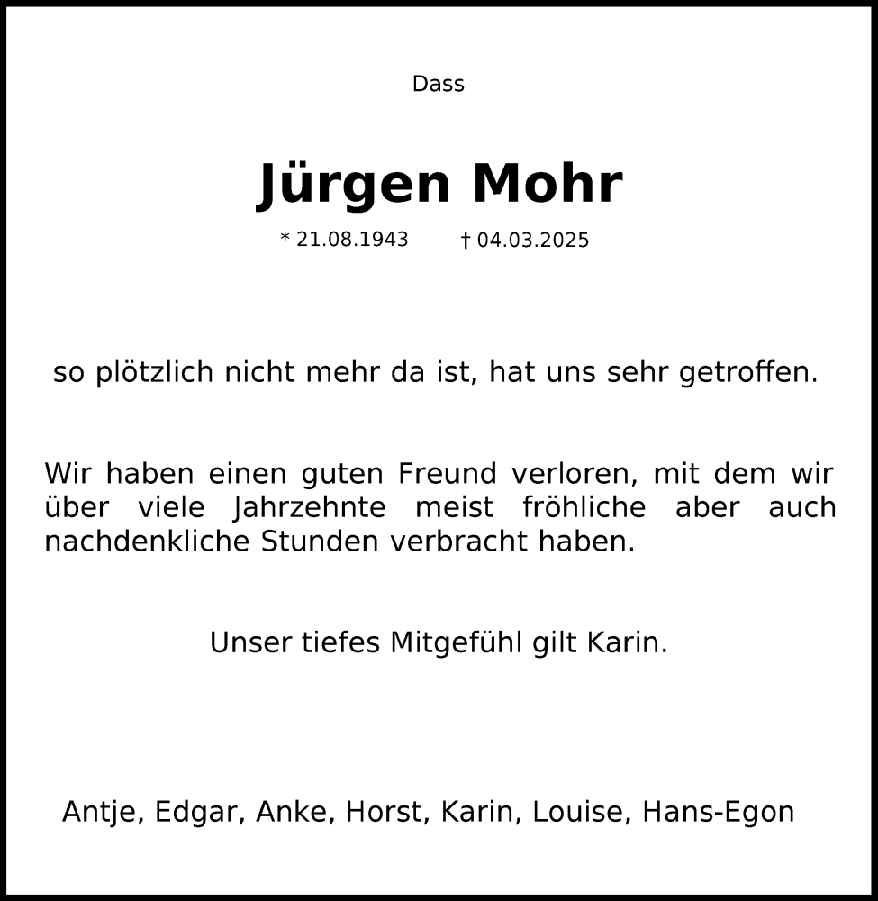  Traueranzeige für Jürgen Mohr vom 22.03.2025 aus Kieler Nachrichten
