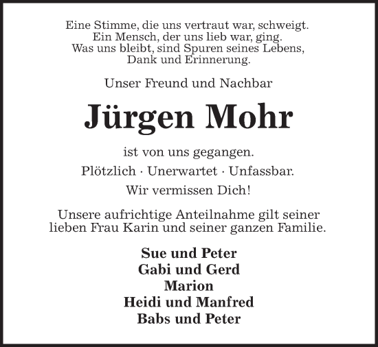 Traueranzeige von Jürgen Mohr von Kieler Nachrichten