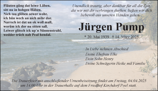 Traueranzeige von Jürgen Pump von Ostsee-Zeitung GmbH