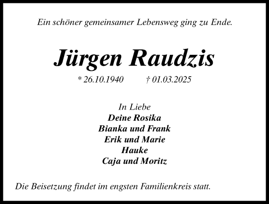 Traueranzeige von Jürgen Raudzis von Kieler Nachrichten