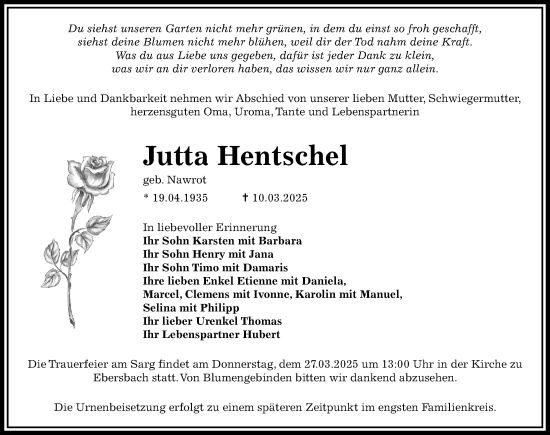 Traueranzeige von Jutta Hentschel von Sächsische Zeitung