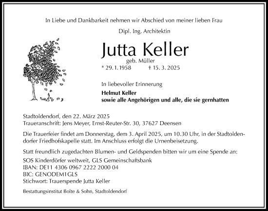 Traueranzeige von Jutta Keller von Täglicher Anzeiger Holzminden