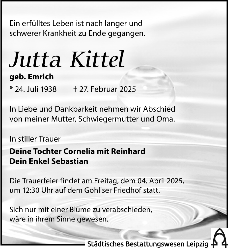  Traueranzeige für Jutta Kittel vom 22.03.2025 aus Leipziger Volkszeitung