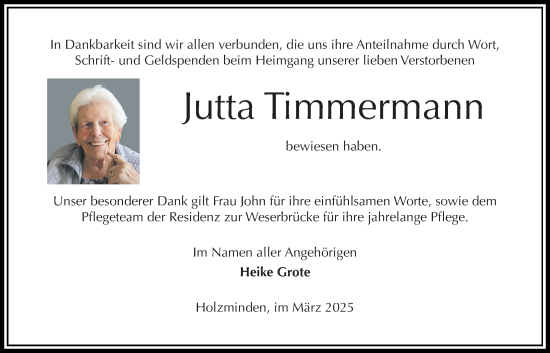 Traueranzeige von Jutta Timmermann von Täglicher Anzeiger Holzminden