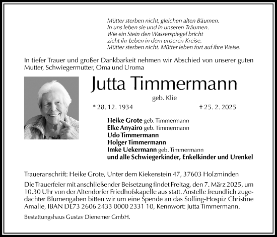 Traueranzeige von Jutta Timmermann von Täglicher Anzeiger Holzminden