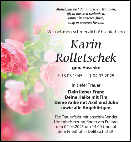 Traueranzeige von Karin Rolletschek von Leipziger Volkszeitung