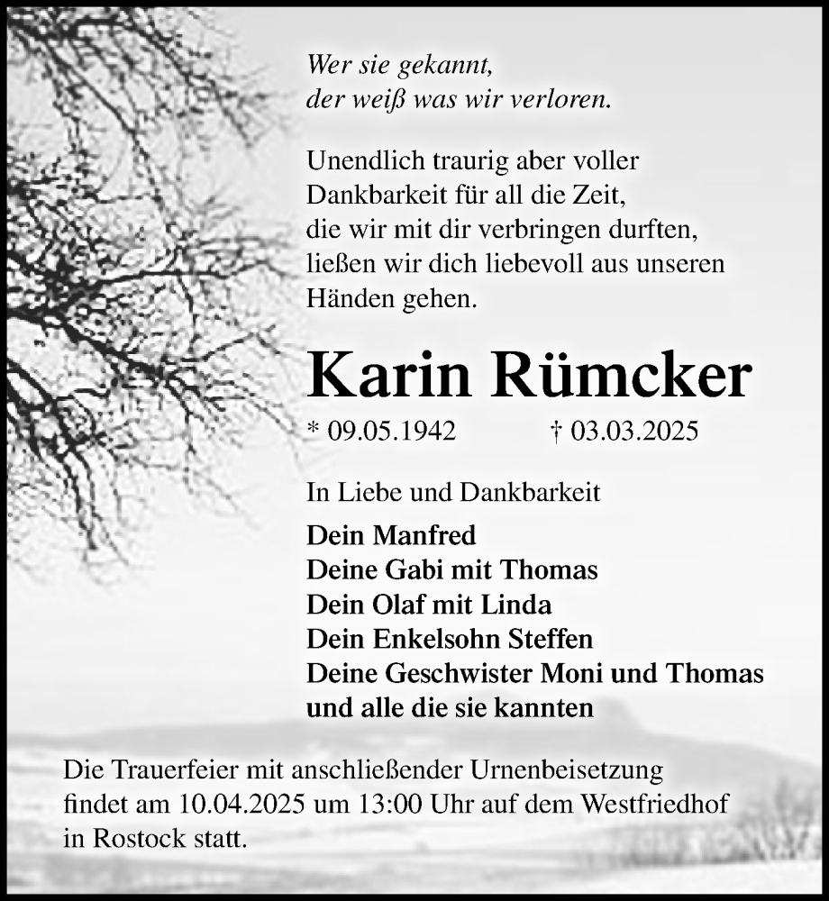  Traueranzeige für Karin Rümcker vom 15.03.2025 aus Ostsee-Zeitung GmbH