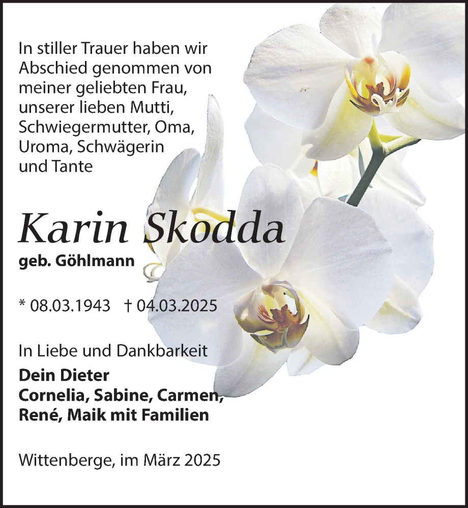  Traueranzeige für Karin Skodda vom 22.03.2025 aus Wochenspiegel