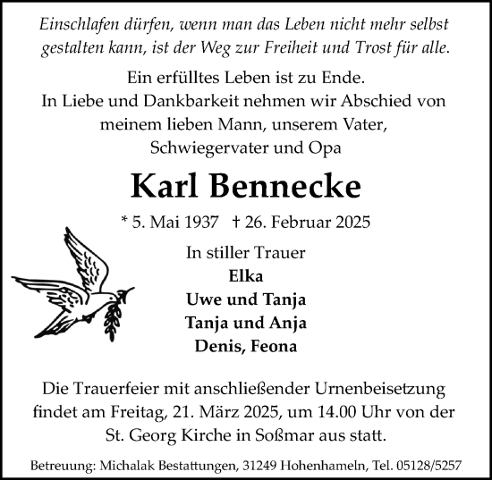 Traueranzeige von Karl Bennecke von Peiner Allgemeine Zeitung