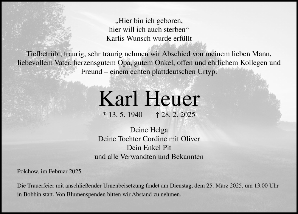 Traueranzeige für Karl Heuer vom 07.03.2025 aus Ostsee-Zeitung GmbH
